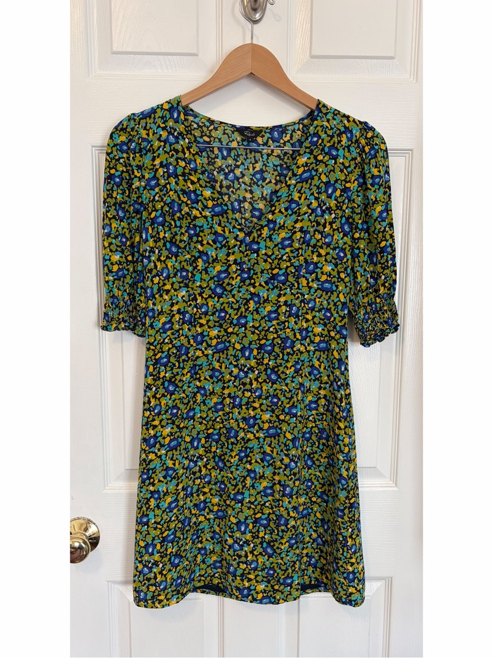 Rails Roma Mini Dress Abstract Garden Green Blue Size Small Printed Puff Sleeve